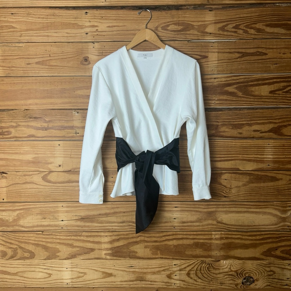 Tibi White V-Neck Wrap Top with Subtle Collar Detail